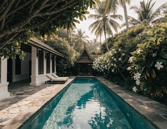 Walled garden pool villa with tropical planting